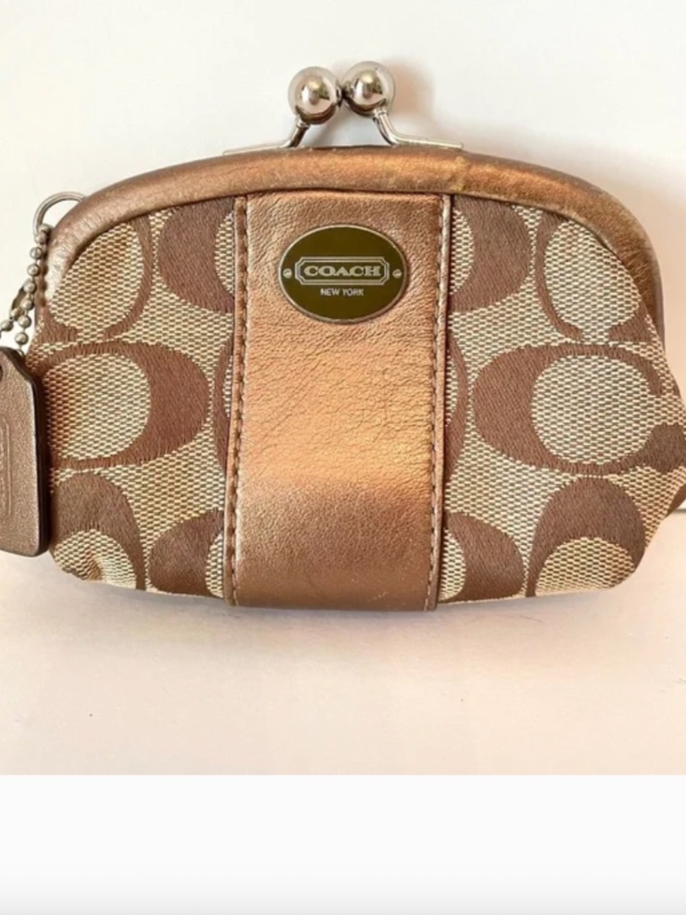Coach Signature Canvas Bronze Leather Kisslock Pouch